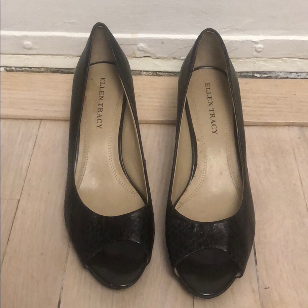 Black Snake Skin Peep Toe Shoes.